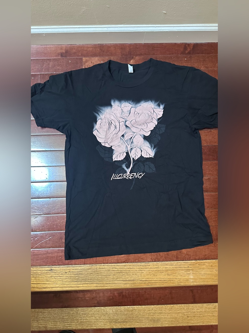 ILL Currency Black Graphic Tee with Pale Pink Rose Design